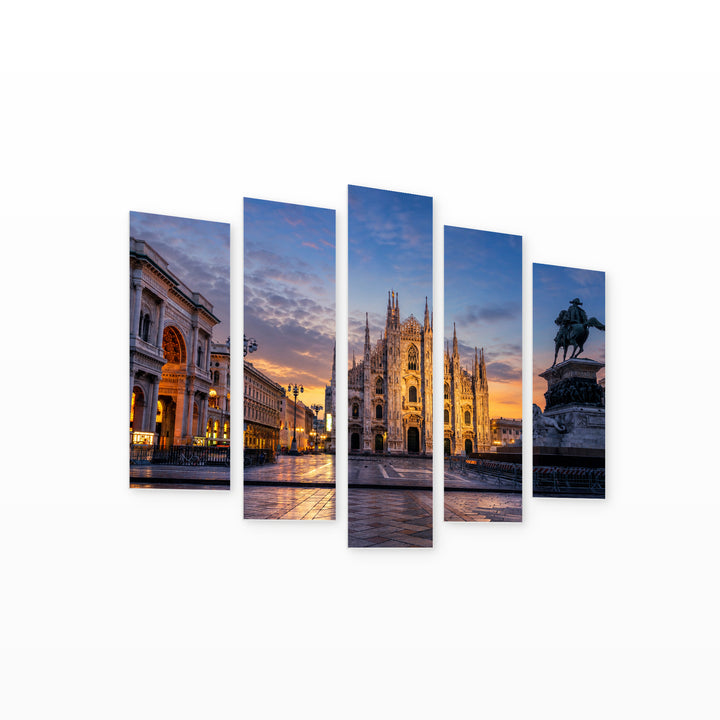 Cathedral at Twilight in Blue and Gold — five-panel wall art on white background in perspective | 5wallart 53739 M1