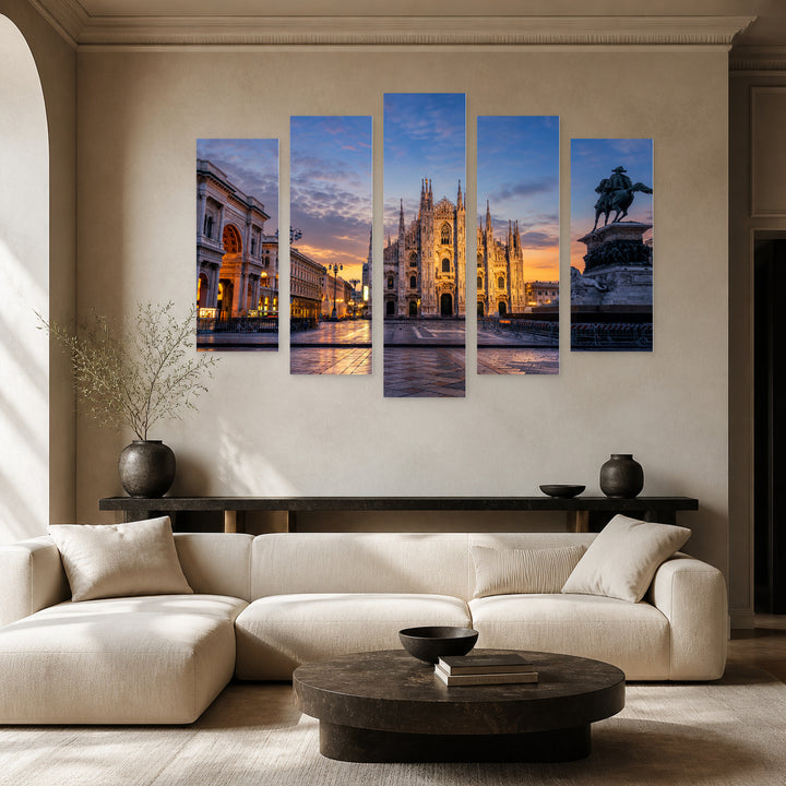 Cathedral at Twilight in Blue and Gold — five-panel wall art in frontal interior | 5wallart 53739 M3