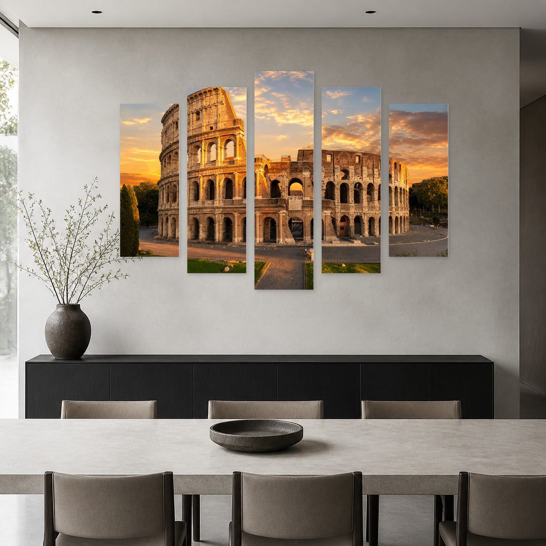 Colosseum in Rome at Golden Sunset — five-panel wall art in frontal interior | 5wallart 53740 M3