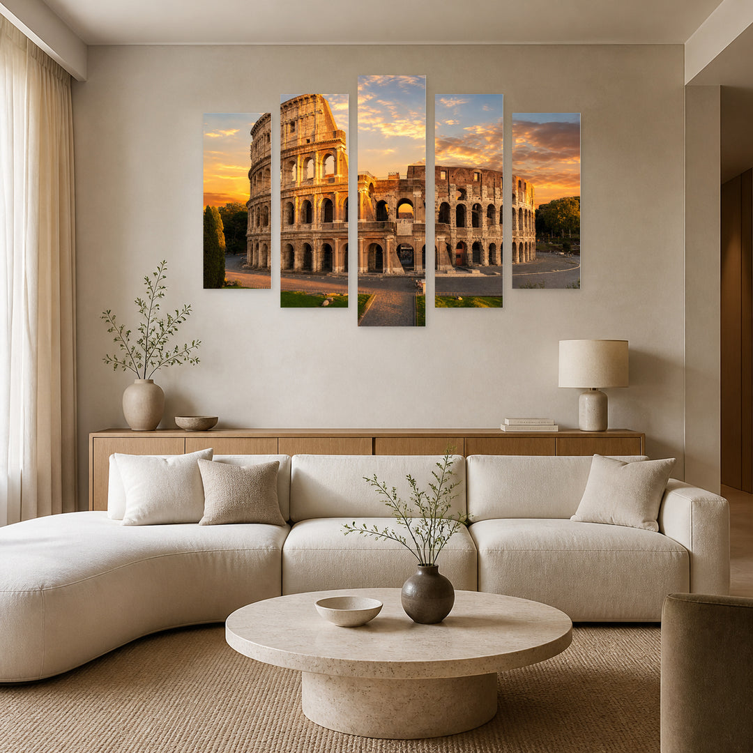 Colosseum in Rome at Golden Sunset — five-panel wall art in alternate frontal interior | 5wallart 53740 M4