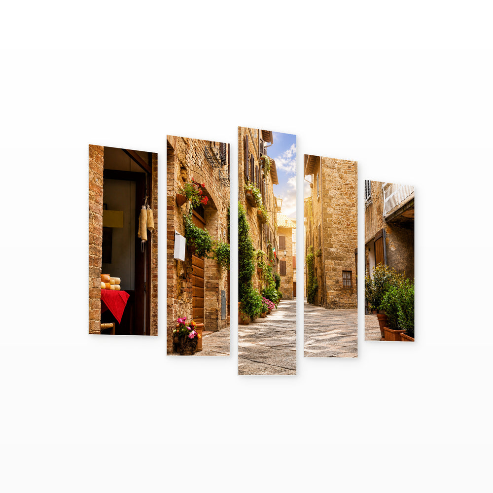 Street in Pienza with Geometric Rhythm — five-panel wall art on white background in perspective | 5wallart 53741 M1