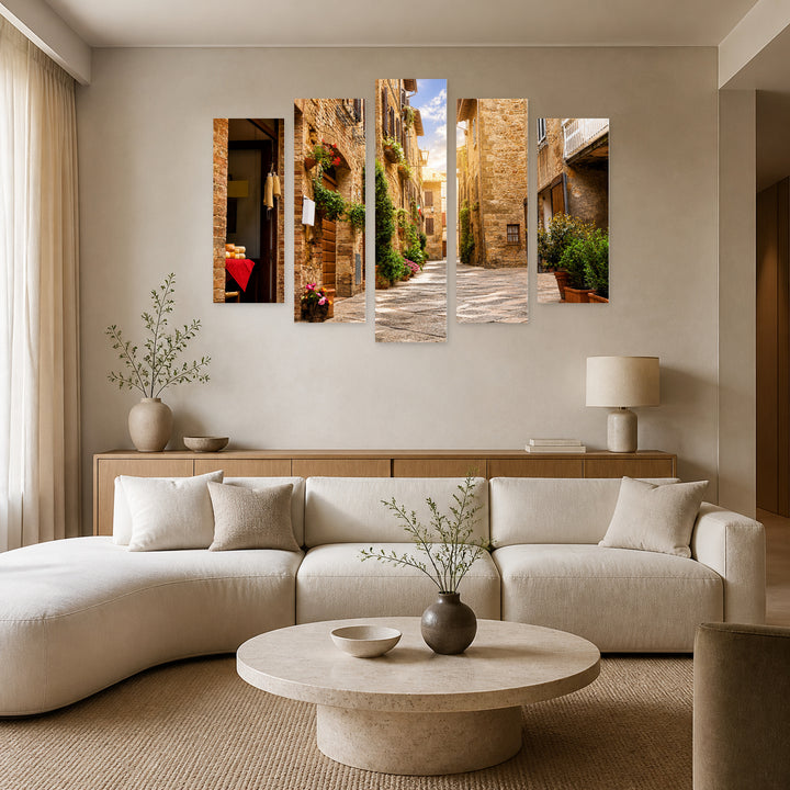 Street in Pienza with Geometric Rhythm — five-panel wall art in frontal interior | 5wallart 53741 M3