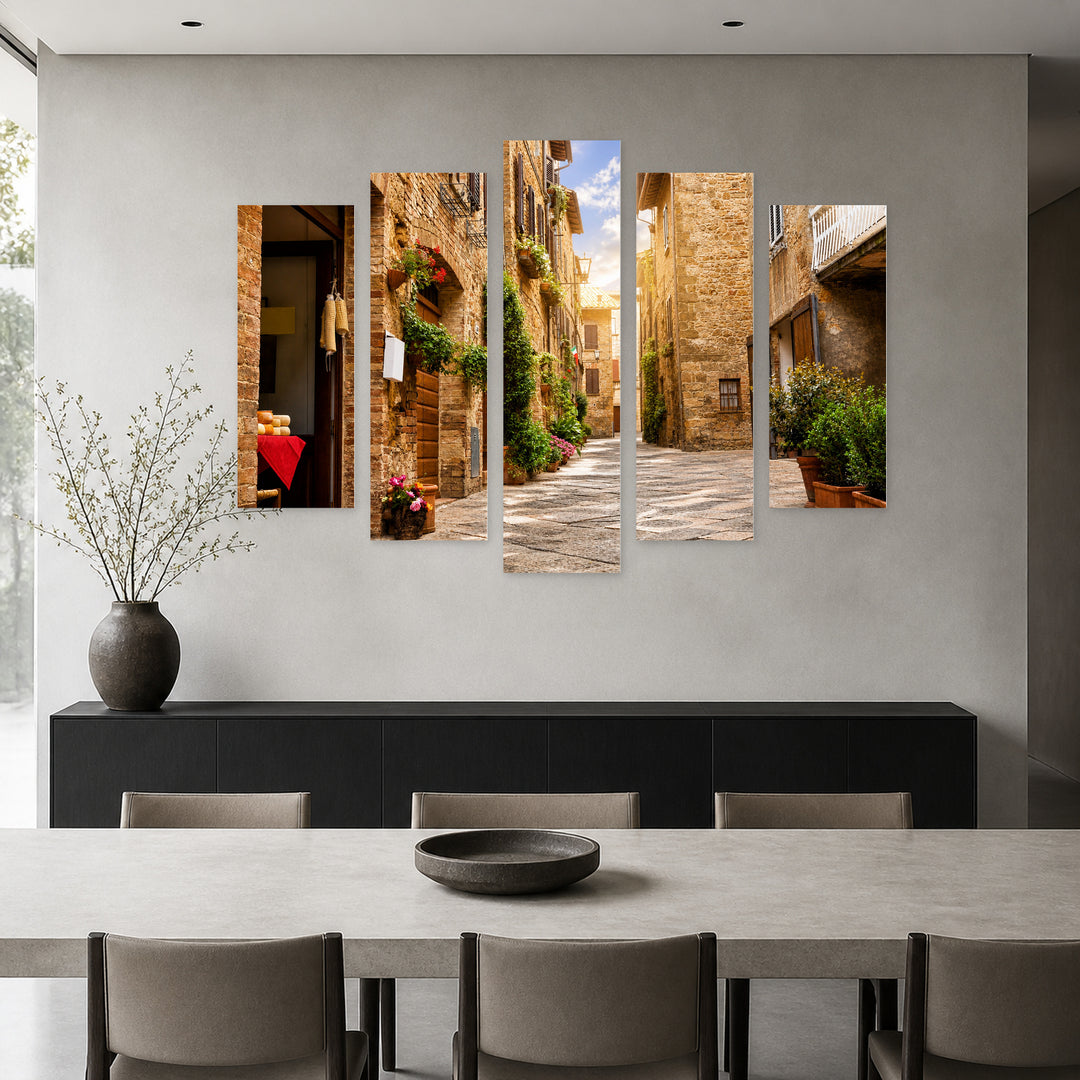 Street in Pienza with Geometric Rhythm — five-panel wall art in alternate frontal interior | 5wallart 53741 M4