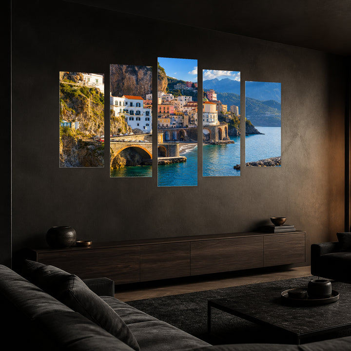Amalfi Landscape with Dramatic Contrast — five-panel wall art in perspective interior | 5wallart 53745 M2