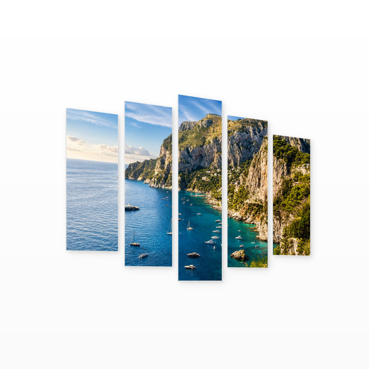 Capri Island in Serene Light — five-panel wall art on white background in perspective | 5wallart 53746 M1