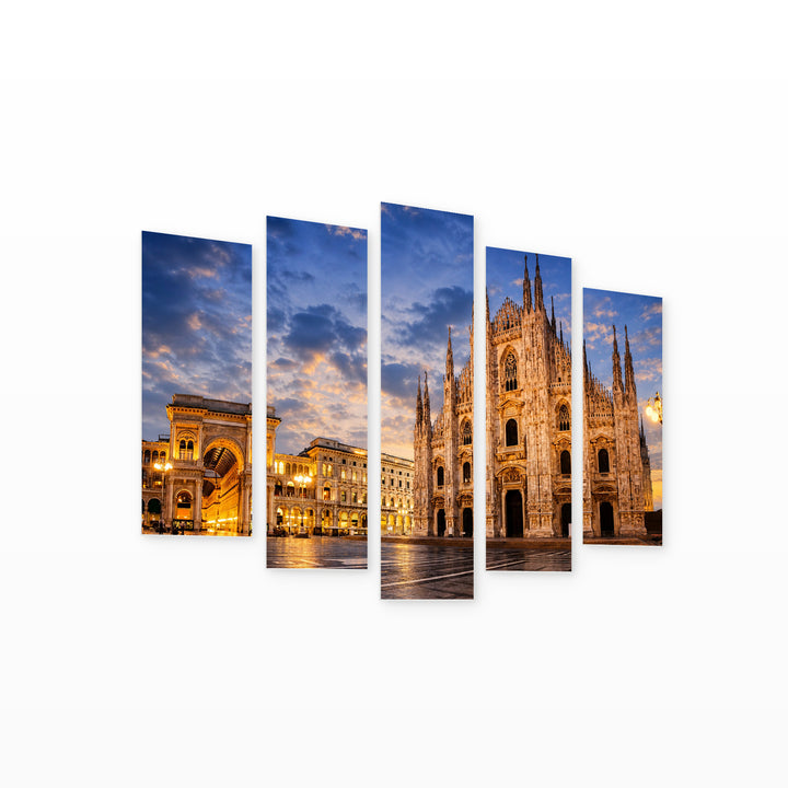 Milan Cathedral in Blue and Gold — five-panel wall art on white background in perspective | 5wallart 53747 M1