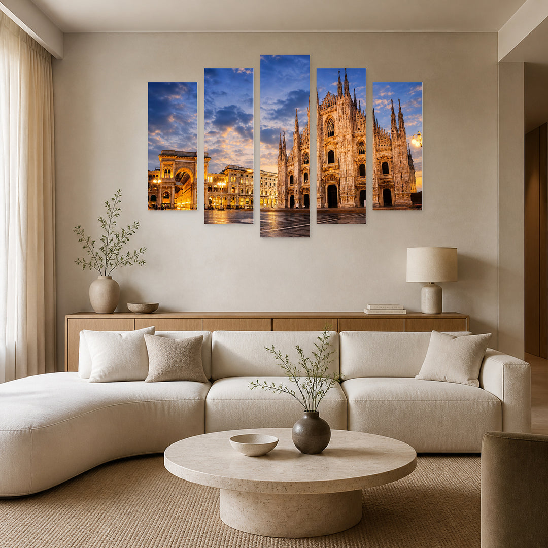 Milan Cathedral in Blue and Gold — five-panel wall art in frontal interior | 5wallart 53747 M3