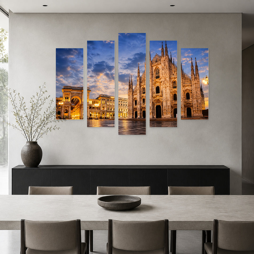 Milan Cathedral in Blue and Gold — five-panel wall art in alternate frontal interior | 5wallart 53747 M4