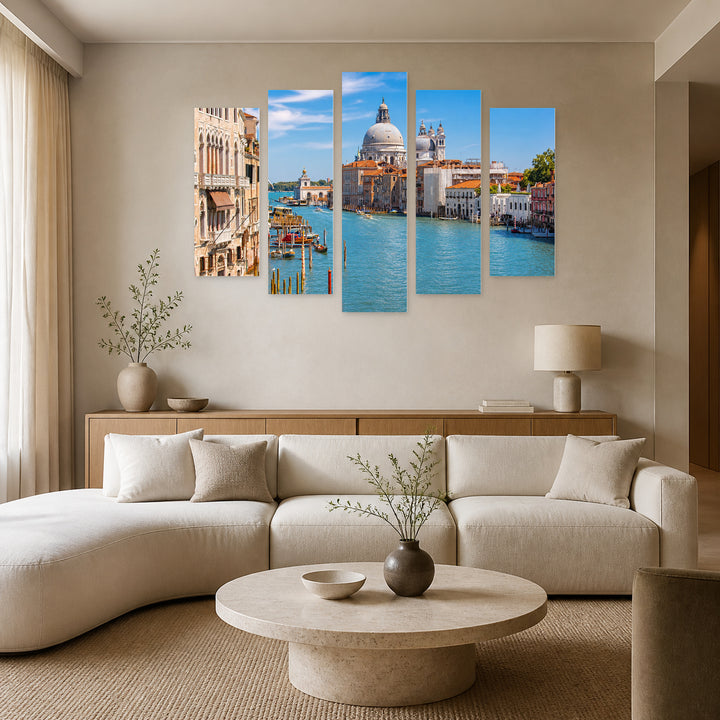 Grand Canal and Santa Maria in Serene Light — five-panel wall art in frontal interior | 5wallart 53749 M3