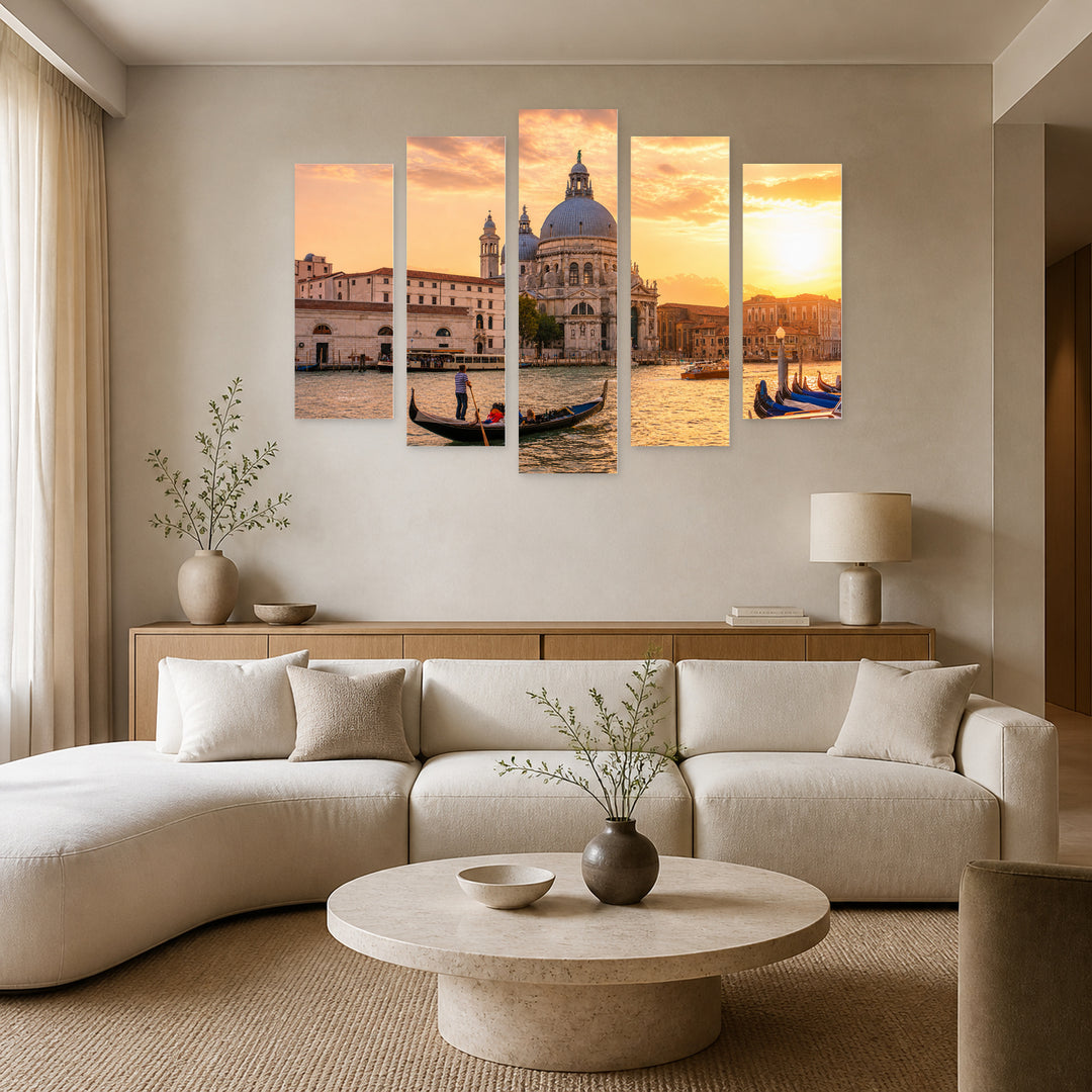 Santa Maria Della Salute at Golden Sunset — five-panel wall art in alternate frontal interior | 5wallart 53750 M4
