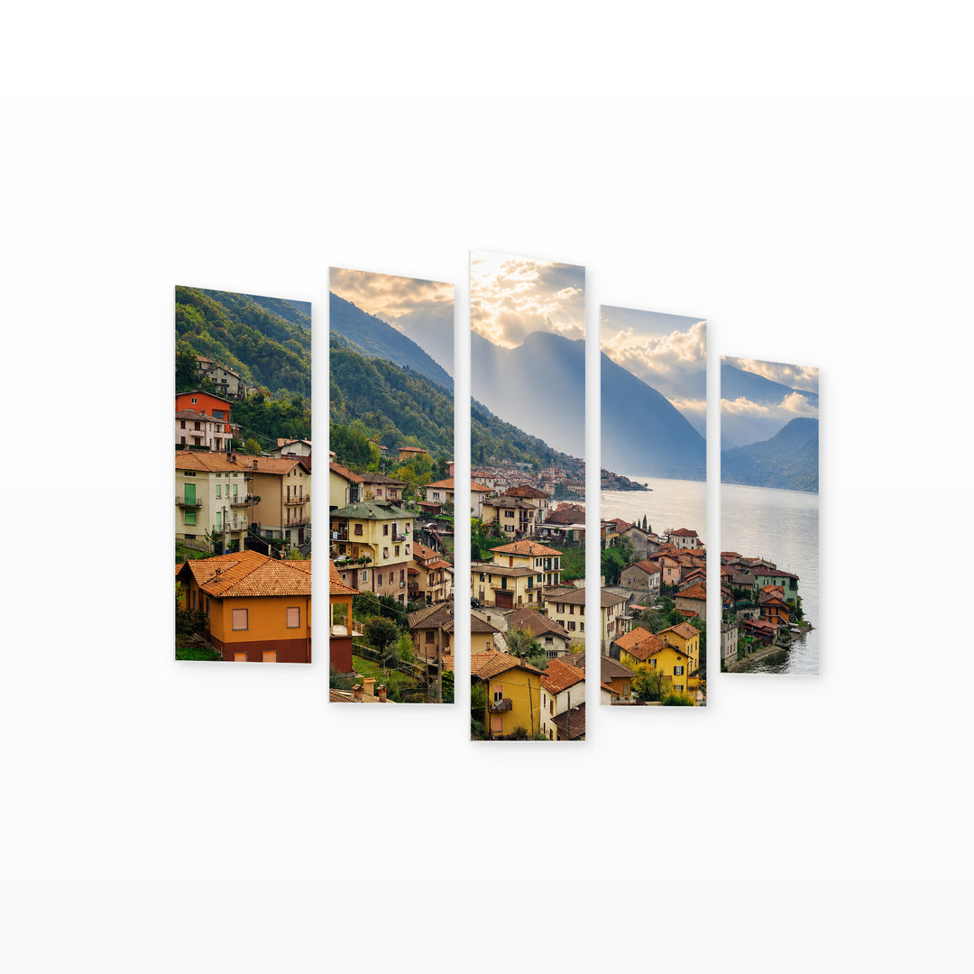 Lake Como in Serene Light — five-panel wall art on white background in perspective | 5wallart 53754 M1