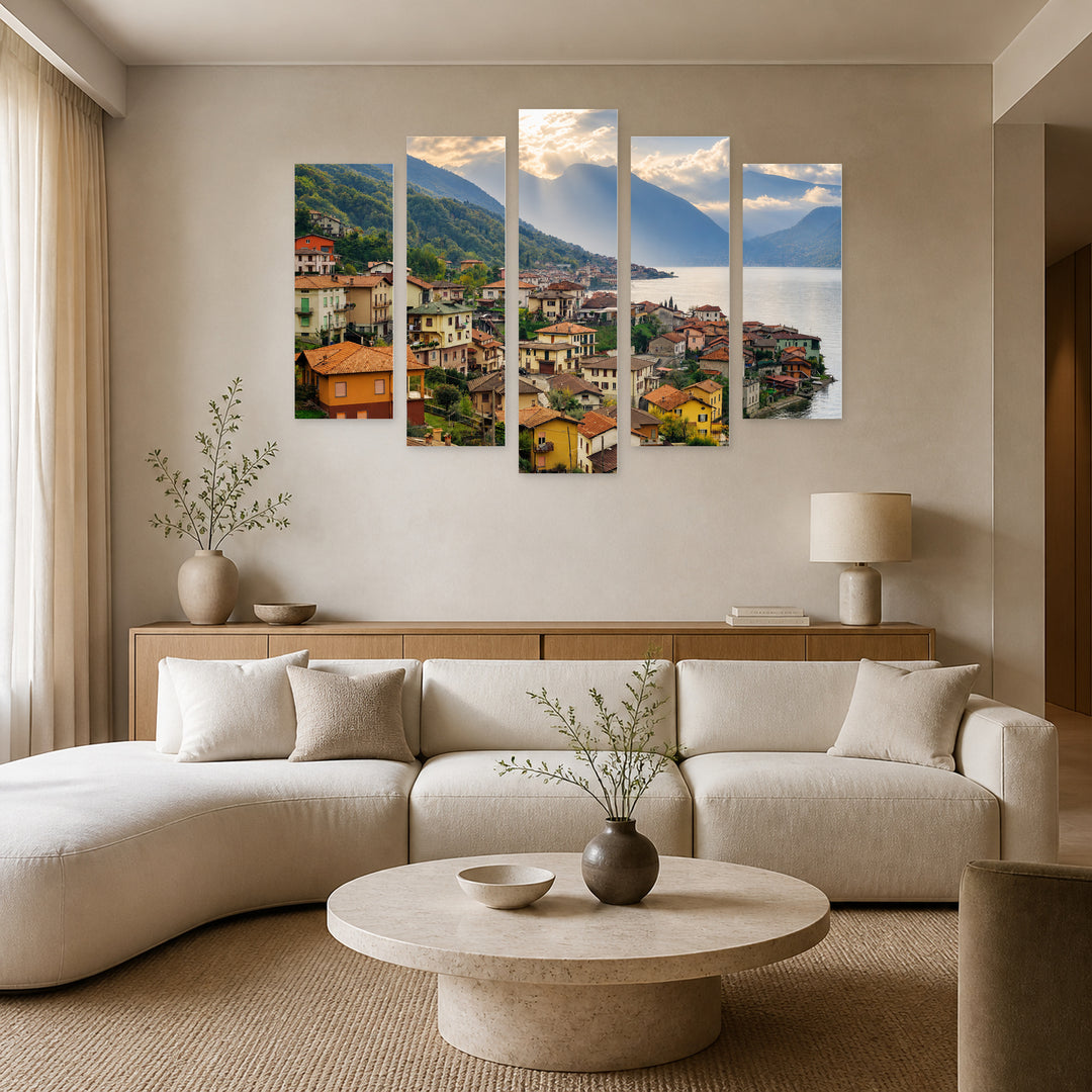 Lake Como in Serene Light — five-panel wall art in alternate frontal interior | 5wallart 53754 M4