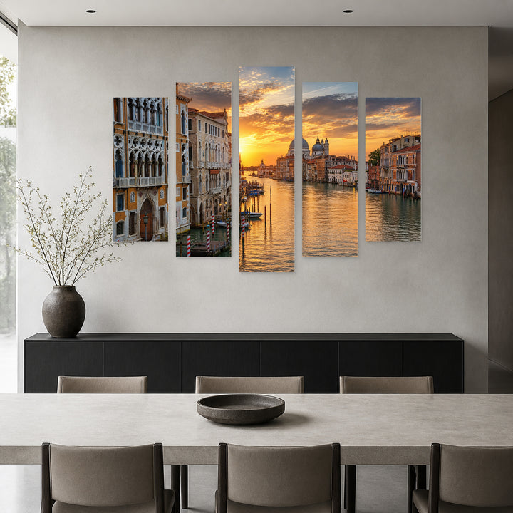 Golden Sunset over Grand Canal — five-panel wall art in frontal interior | 5wallart 53756 M3