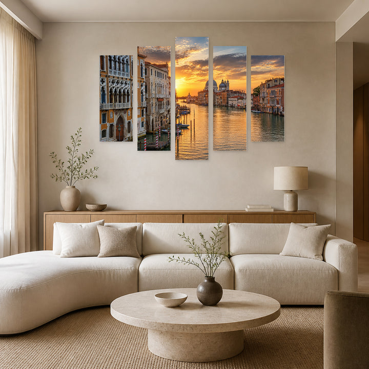 Golden Sunset over Grand Canal — five-panel wall art in alternate frontal interior | 5wallart 53756 M4