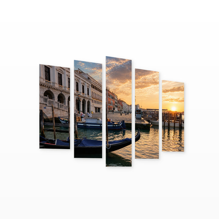 Gondolas Near San Marco at Golden Sunset — five-panel wall art on white background in perspective | 5wallart 53757 M1