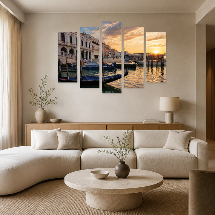 Gondolas Near San Marco at Golden Sunset — five-panel wall art in frontal interior | 5wallart 53757 M3