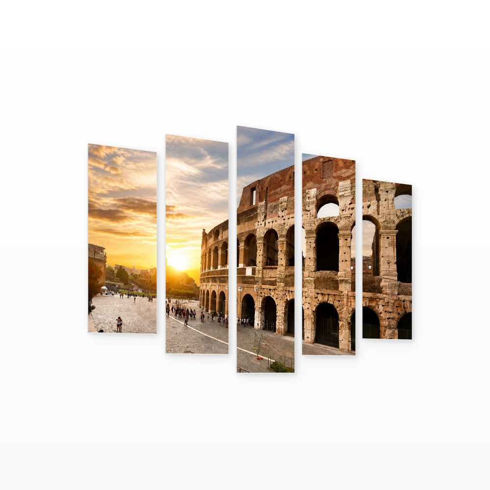 Golden Colosseum and Sunset — five-panel wall art on white background in perspective | 5wallart 53759 M1