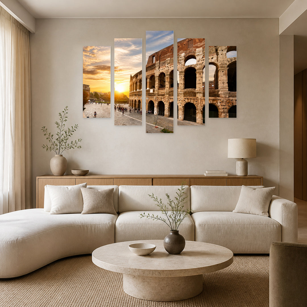 Golden Colosseum and Sunset — five-panel wall art in frontal interior | 5wallart 53759 M3