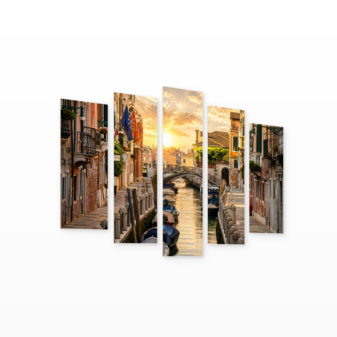 Motorboats in Italy at Golden Sunset — five-panel wall art on white background in perspective | 5wallart 53763 M1