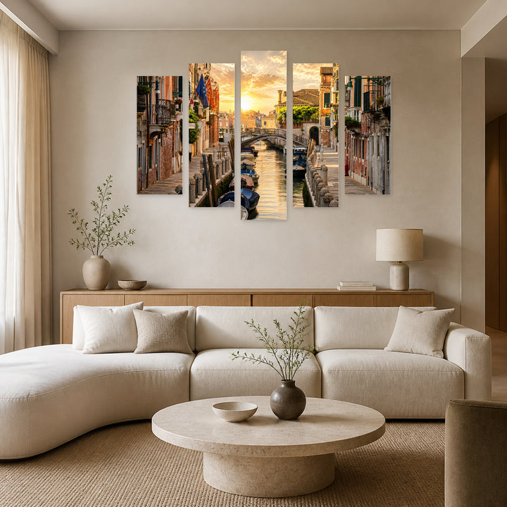 Motorboats in Italy at Golden Sunset — five-panel wall art in frontal interior | 5wallart 53763 M3