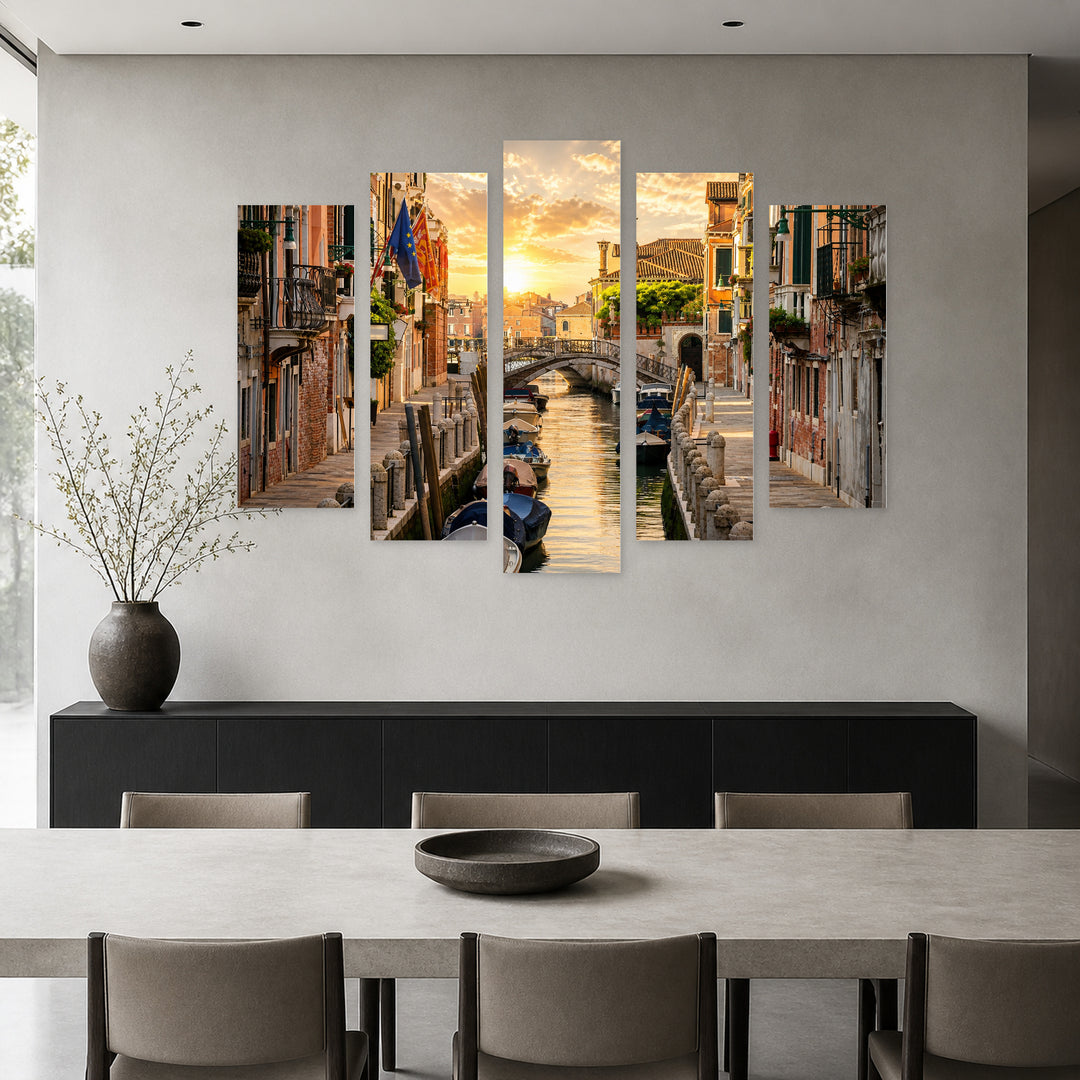 Motorboats in Italy at Golden Sunset — five-panel wall art in alternate frontal interior | 5wallart 53763 M4