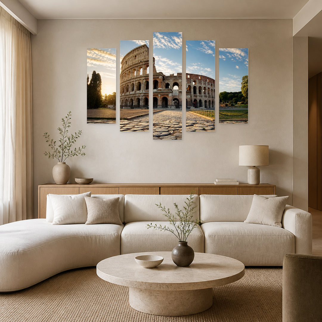 Colosseum in Rome in Serene Light II — five-panel wall art in frontal interior | 5wallart 53765 M3
