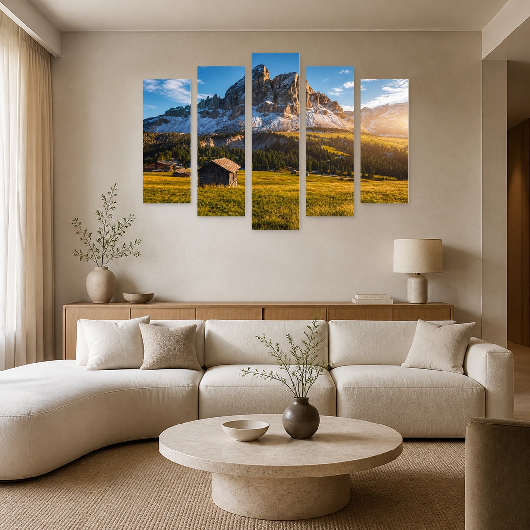Mountain Idyll in Serene Light — five-panel wall art in frontal interior | 5wallart 53771 M3