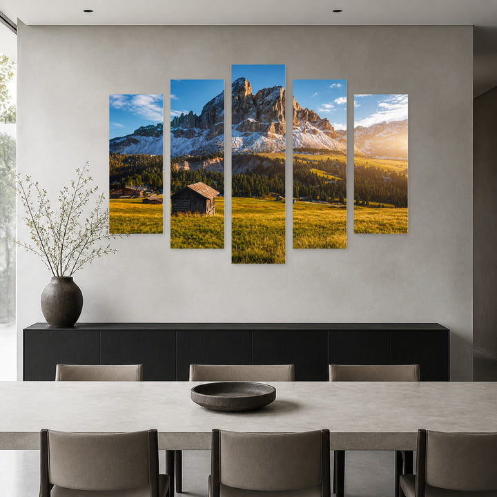 Mountain Idyll in Serene Light — five-panel wall art in alternate frontal interior | 5wallart 53771 M4