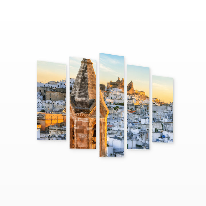 Ostuni in Serene Light — five-panel wall art on white background in perspective | 5wallart 53773 M1