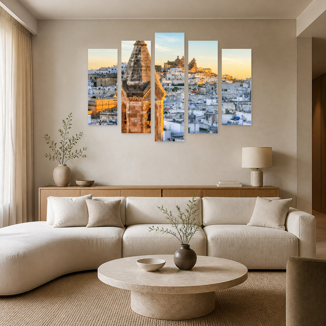 Ostuni in Serene Light — five-panel wall art in frontal interior | 5wallart 53773 M3