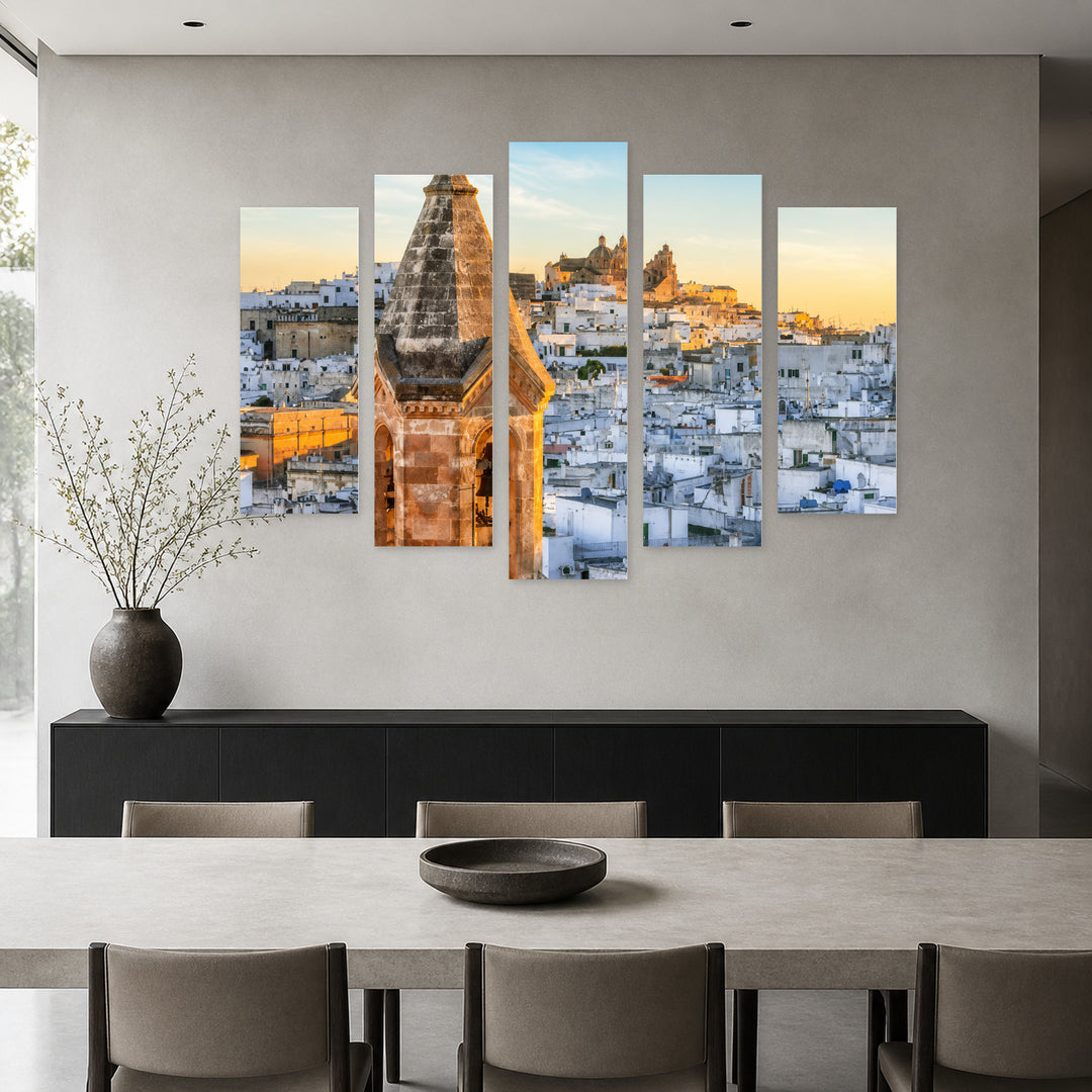 Ostuni in Serene Light — five-panel wall art in alternate frontal interior | 5wallart 53773 M4