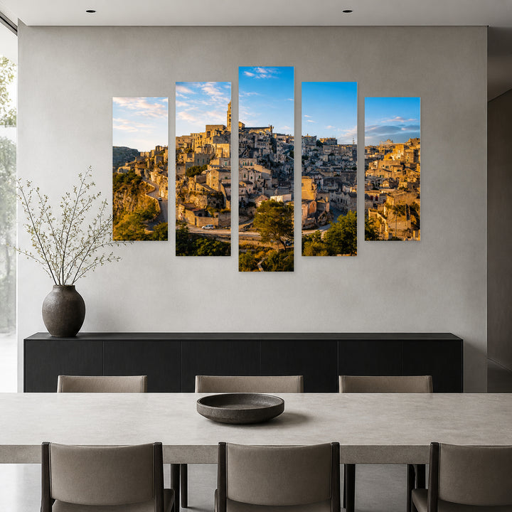Matera in Blue and Gold — five-panel wall art in frontal interior | 5wallart 53776 M3