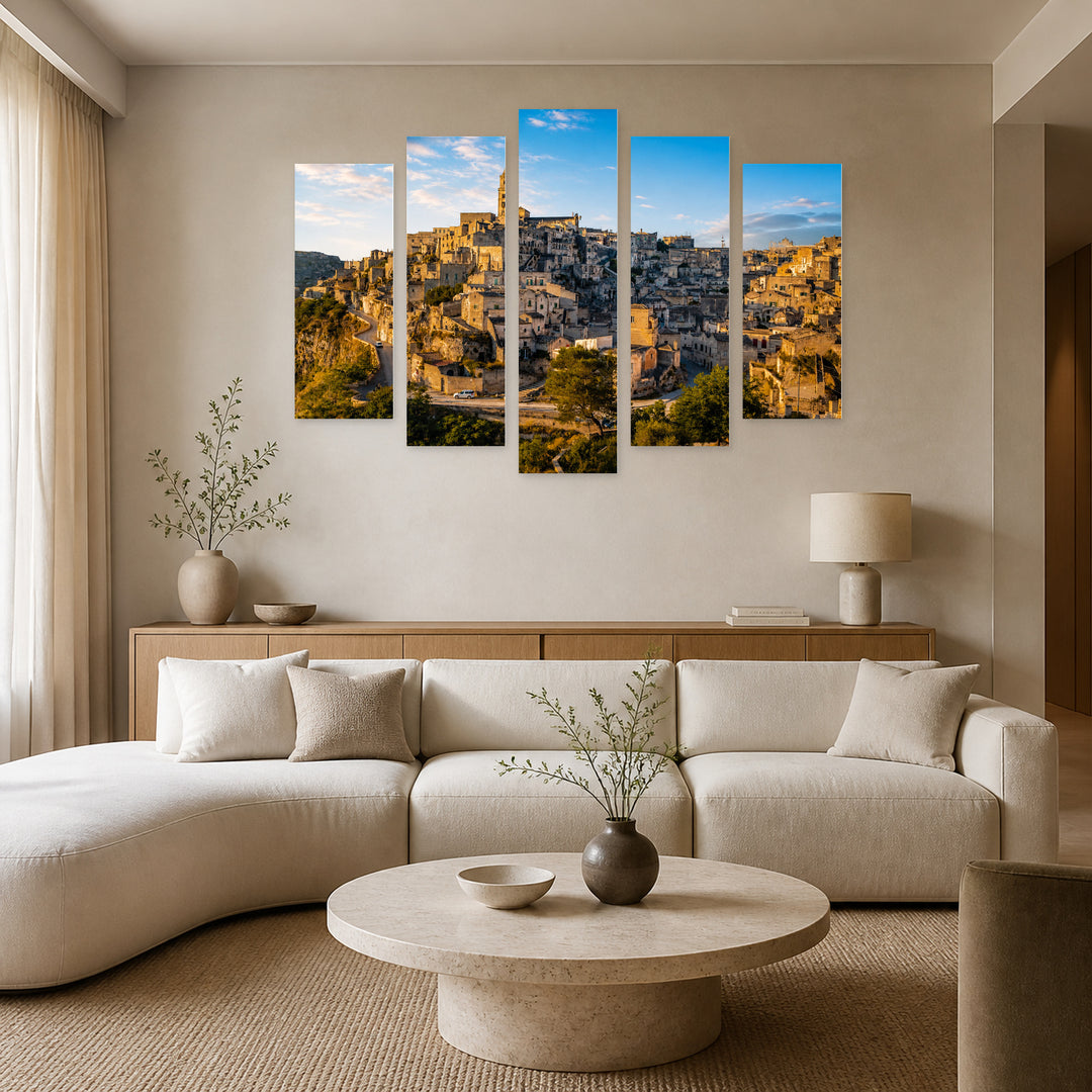 Matera in Blue and Gold — five-panel wall art in alternate frontal interior | 5wallart 53776 M4