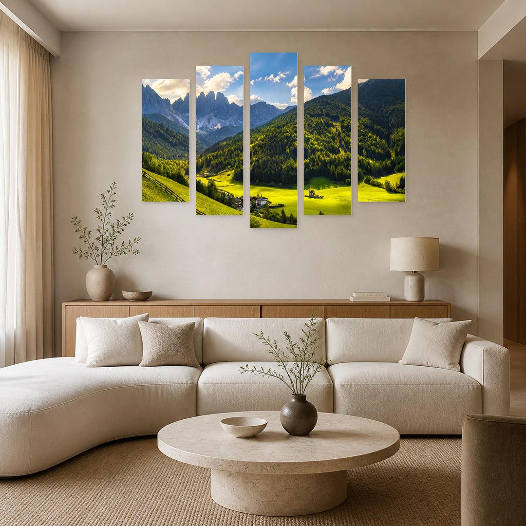 Landscape in Italy with Dreamlike Atmosphere — five-panel wall art in alternate frontal interior | 5wallart 53792 M4
