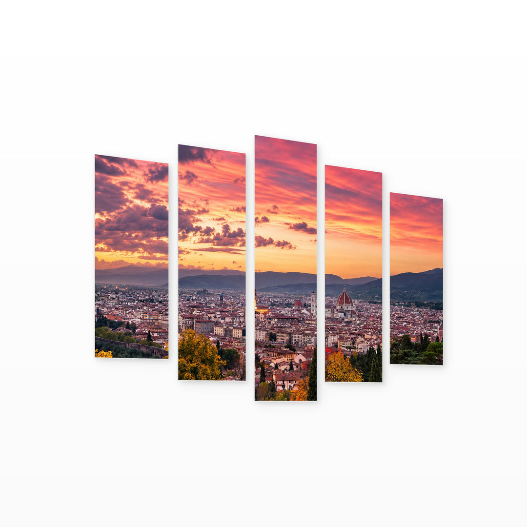 Golden Florence Pink Sunset — five-panel wall art on white background in perspective | 5wallart 53794 M1