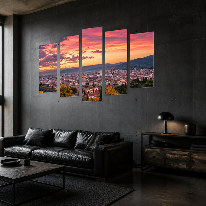 Golden Florence Pink Sunset — five-panel wall art in perspective interior | 5wallart 53794 M2