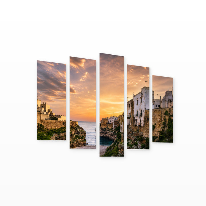 Polignano a Mare at Golden Sunset — five-panel wall art on white background in perspective | 5wallart 53796 M1