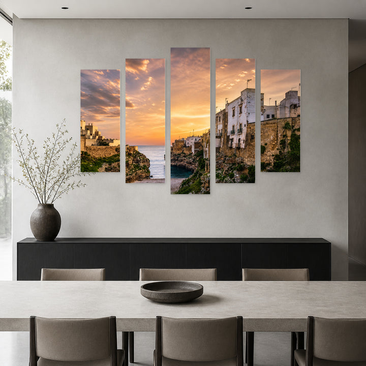 Polignano a Mare at Golden Sunset — five-panel wall art in frontal interior | 5wallart 53796 M3
