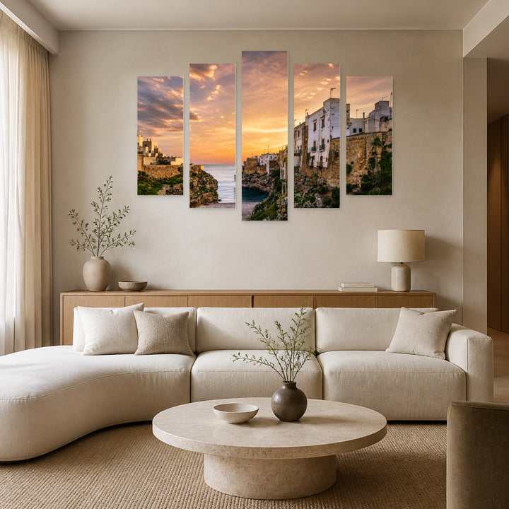 Polignano a Mare at Golden Sunset — five-panel wall art in alternate frontal interior | 5wallart 53796 M4