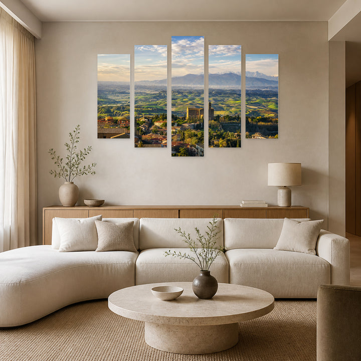 Panoramic View of Volterra in Vivid Color — five-panel wall art in alternate frontal interior | 5wallart 53800 M4