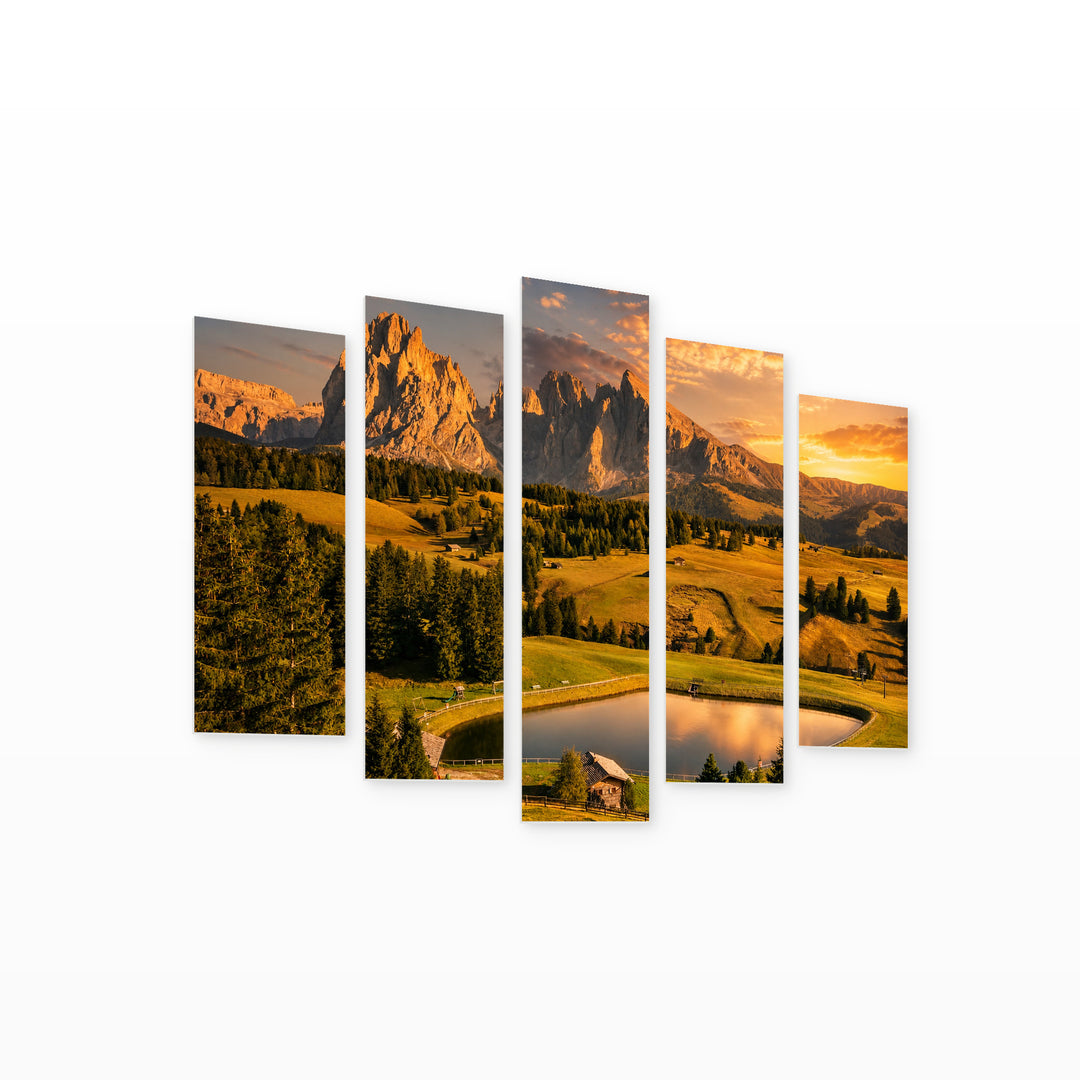 Golden Sunset over Lake and Mountains — five-panel wall art on white background in perspective | 5wallart 53801 M1