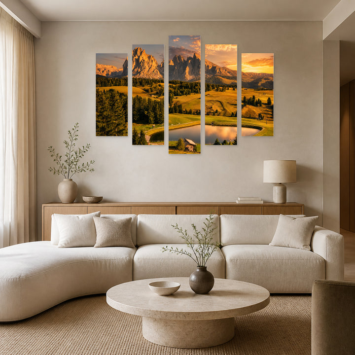Golden Sunset over Lake and Mountains — five-panel wall art in frontal interior | 5wallart 53801 M3