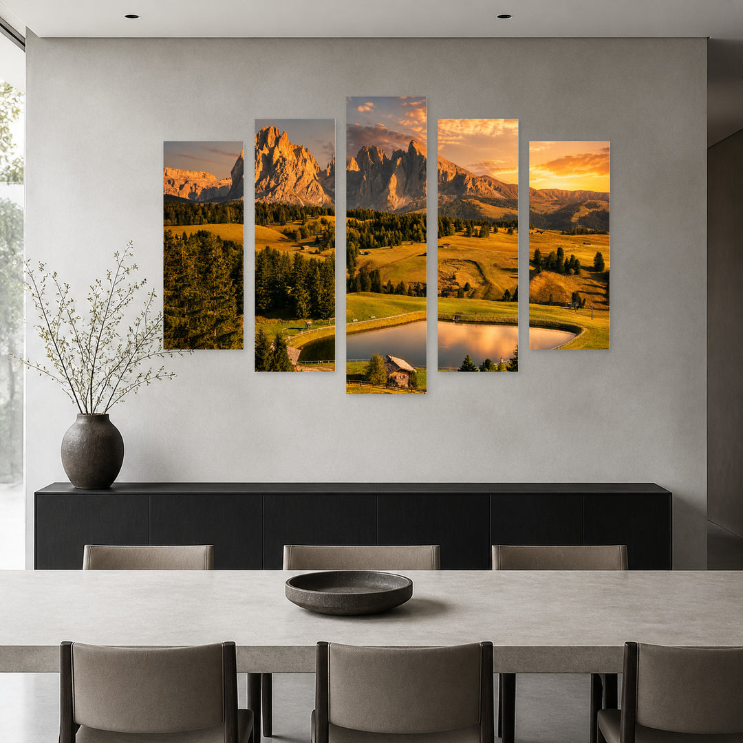Golden Sunset over Lake and Mountains — five-panel wall art in alternate frontal interior | 5wallart 53801 M4