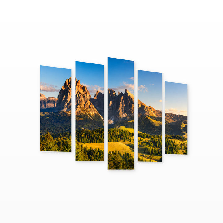 Mountain Landscape at Sunrise — five-panel wall art on white background in perspective | 5wallart 53803 M1