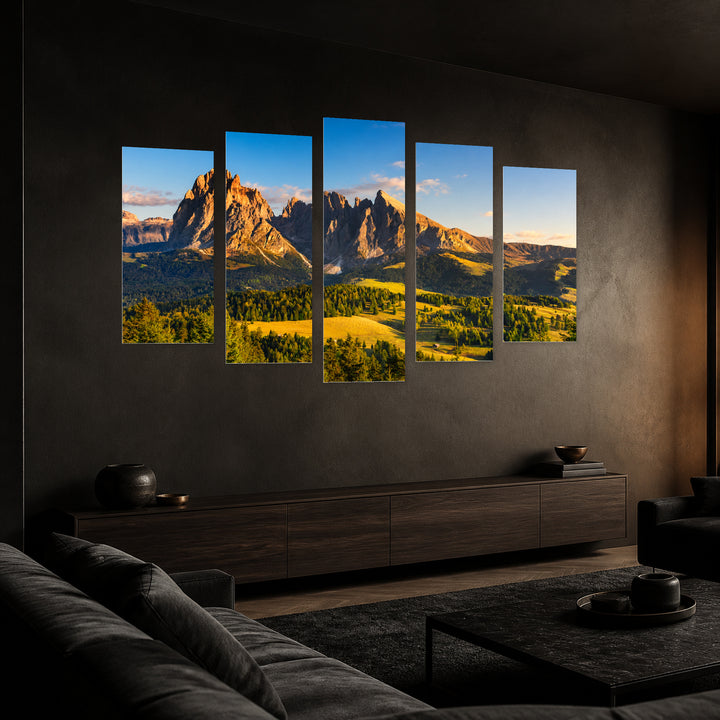 Mountain Landscape at Sunrise — five-panel wall art in perspective interior | 5wallart 53803 M2