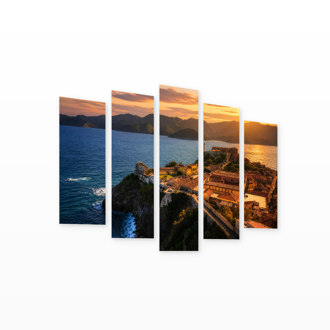 Elba Island at Golden Sunset — five-panel wall art on white background in perspective | 5wallart 53809 M1