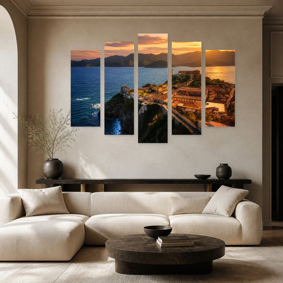 Elba Island at Golden Sunset — five-panel wall art in frontal interior | 5wallart 53809 M3