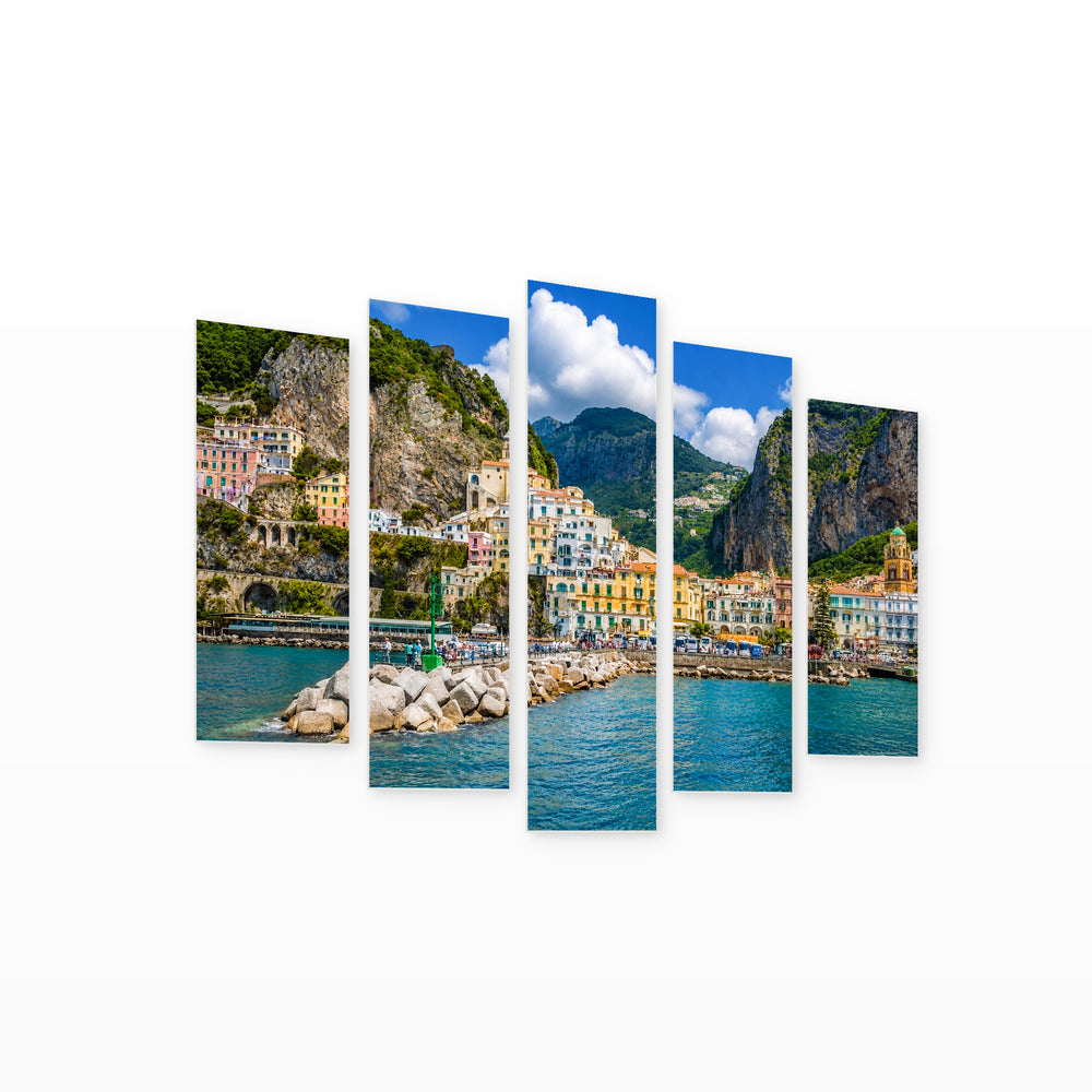 Amalfi in Vivid Color — five-panel wall art on white background in perspective | 5wallart 53813 M1