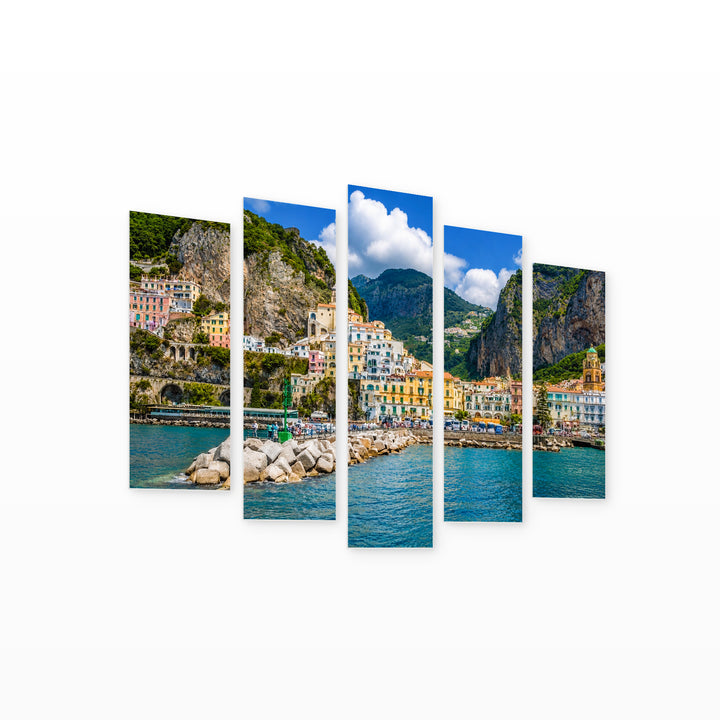 Amalfi in Vivid Color — five-panel wall art on white background in perspective | 5wallart 53813 M1