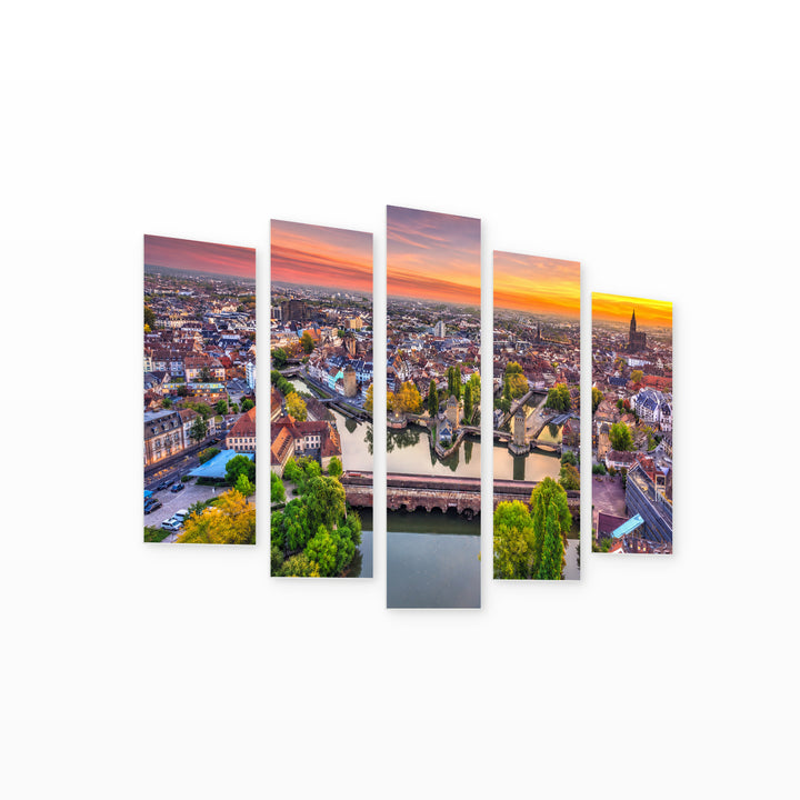 Sunset in Strasbourg in Serene Light — five-panel wall art on white background in perspective | 5wallart 53825 M1